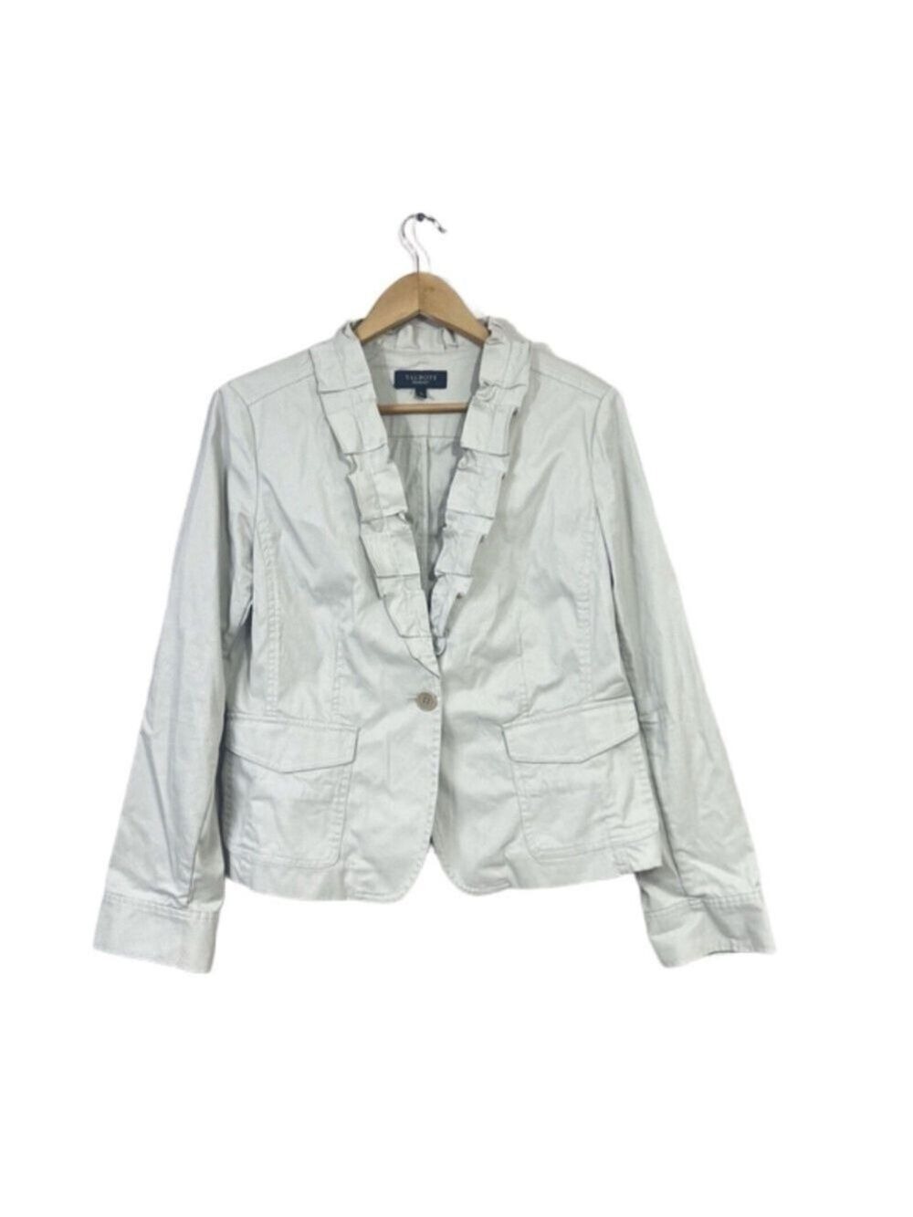 Talbots Blazer Vintage Women’s 12 Khaki Long Sleeve Pocket Front Ruffle New Y2K